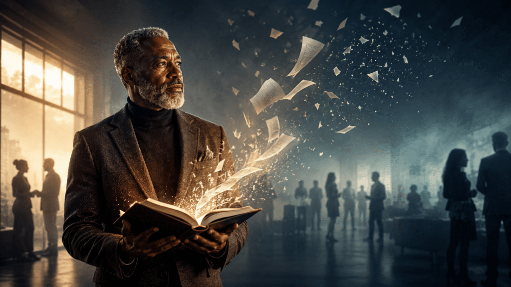Thoughtful Black male entrepreneur holds an open business book as its pages lift into the air and dissolve, while blurred potential clients pass by in a cool toned modern office.