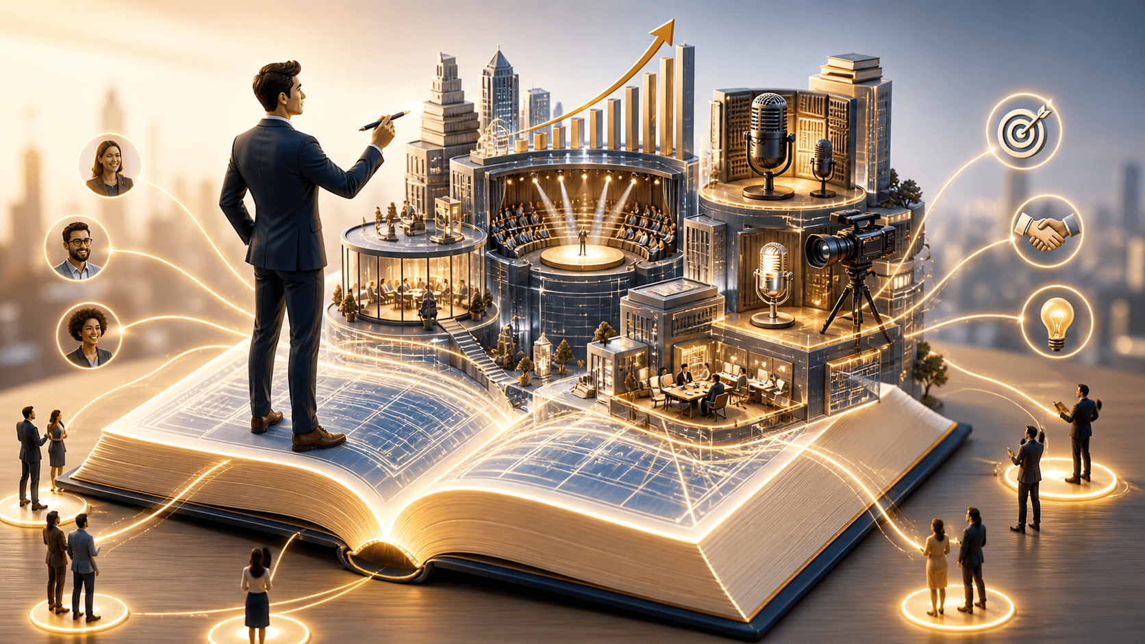 Open glowing book acts like a blueprint foundation for a miniature business city, while an entrepreneur stands on the page with a pen and golden lines connect the book to clients, authority signals, and growth.