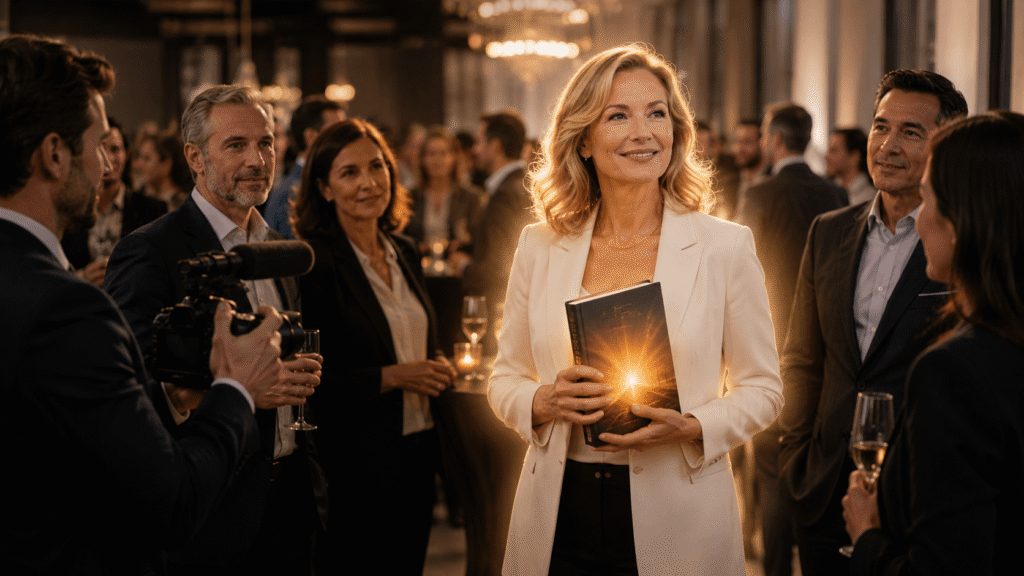 At a premium networking event, a confident business expert holds a book that glows like a spotlight, drawing attention from nearby decision makers and a media camera crew.