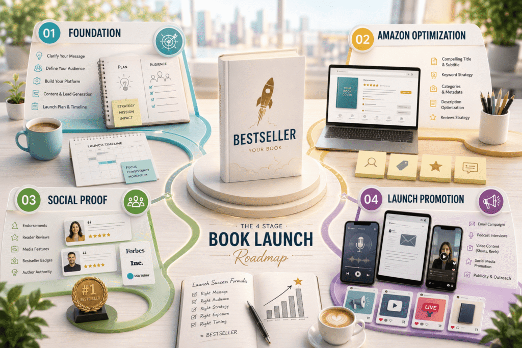 Bright professional book launch roadmap showing a bestselling book at the center with four stages around it: foundation, Amazon optimization, social proof, and launch promotion.