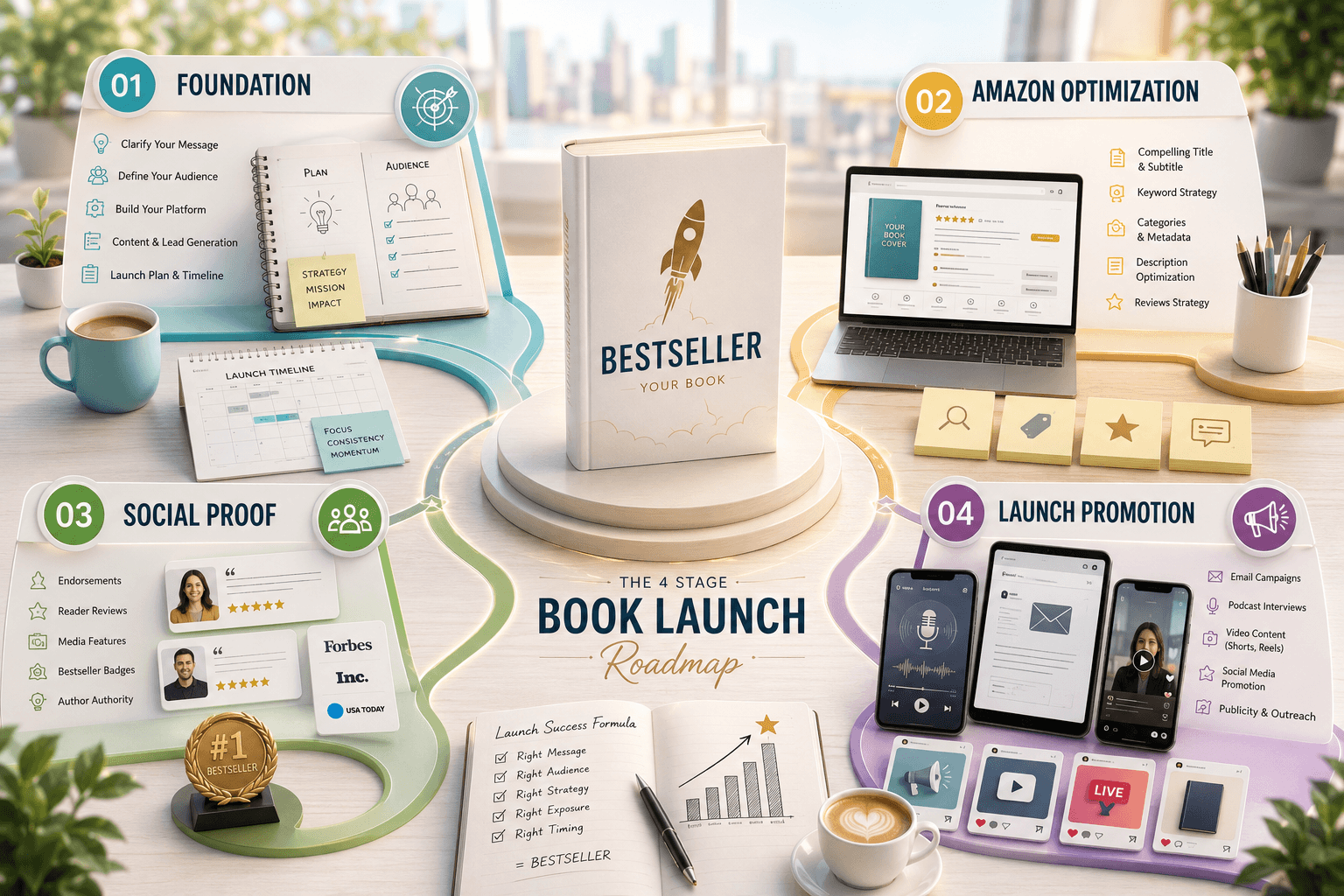 Bright professional book launch roadmap showing a bestselling book at the center with four stages around it: foundation, Amazon optimization, social proof, and launch promotion.
