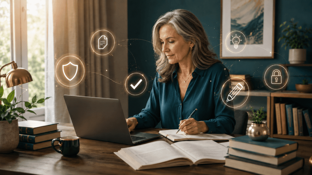 Mature author working at a modern writing desk with a laptop, manuscript pages, books, and subtle glowing AI safety icons.