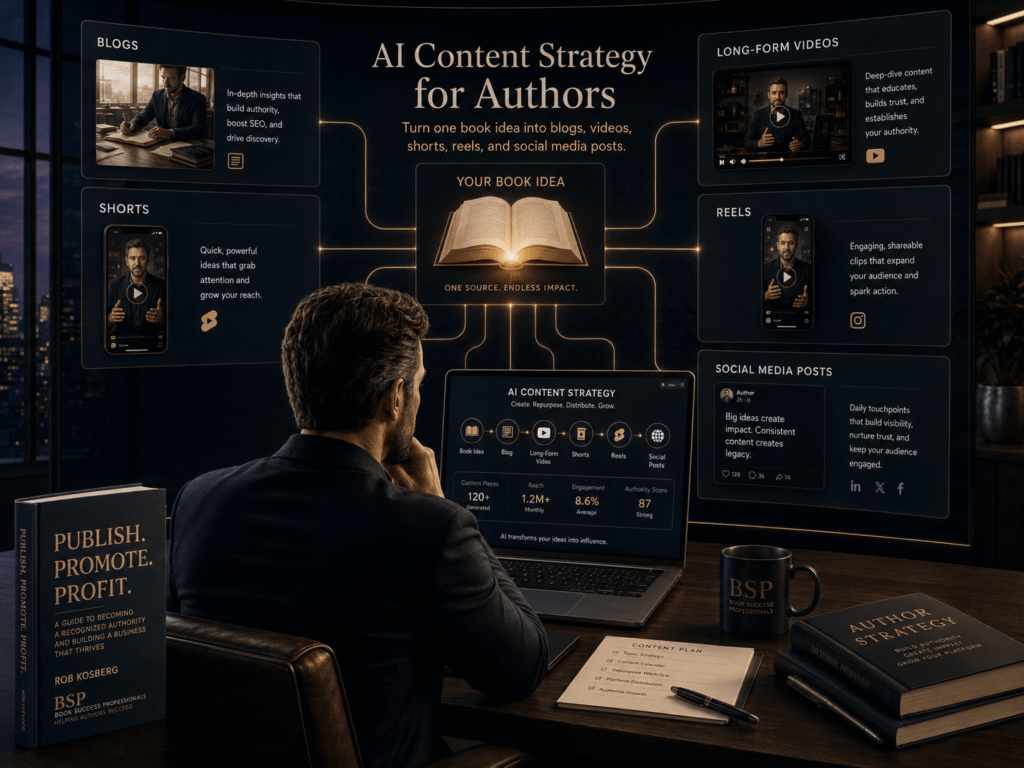 Author using AI content strategy to turn one book idea into blogs, long form videos, shorts, reels, and social media posts inside a premium editorial command center.