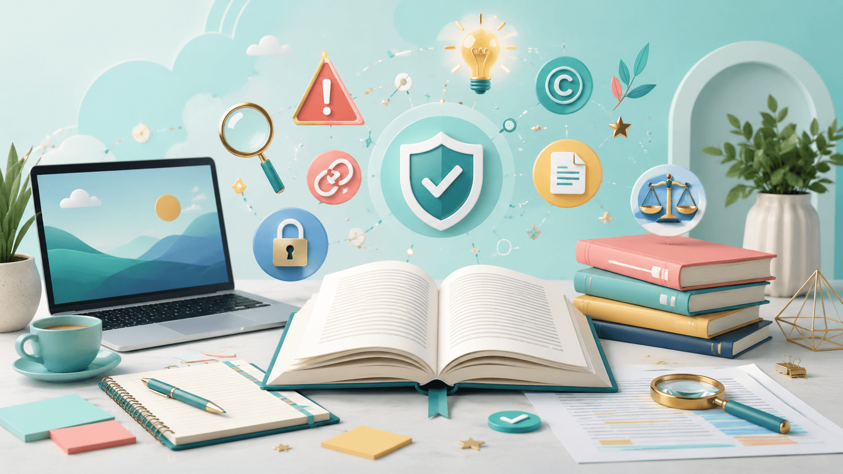 Colorful modern writing workspace with an open book, laptop, manuscripts, and playful AI risk icons for safety, review, privacy, copyright, and responsible publishing.
