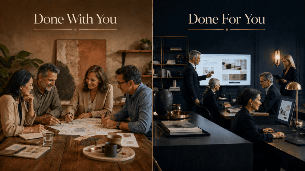 Side by side comparison of mature professionals collaborating with a consultant in a done with you model versus an expert team delivering results in a done for you service model.