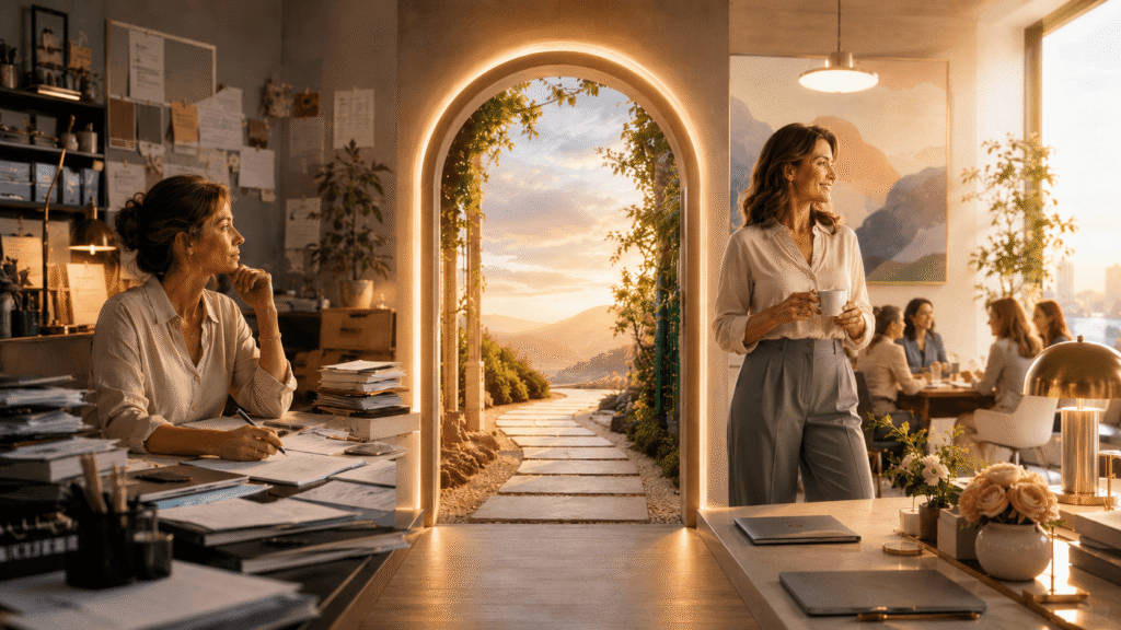 A 50 year old businesswoman moves from a cluttered service focused workspace toward a bright calm outcome through a glowing archway, symbolizing transformation and the results clients truly want.