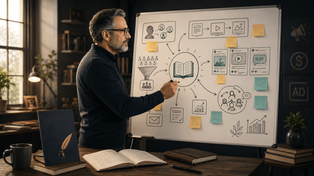 Man in his 50s plans an organic content strategy at a whiteboard in a warm studio office, with an open notebook and a dark book cover featuring a gold feather on the desk.