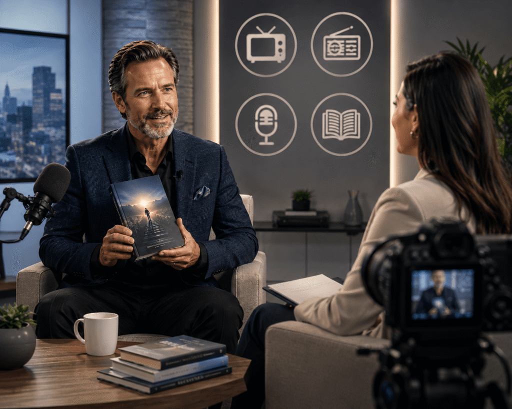 A business author sits in a professional interview studio, proudly presenting his book to a female interviewer, with cameras, microphones, and media icons in the background.