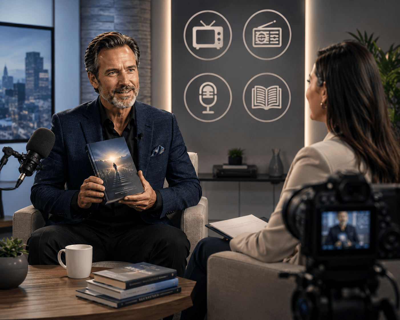 A business author sits in a professional interview studio, proudly presenting his book to a female interviewer, with cameras, microphones, and media icons in the background.