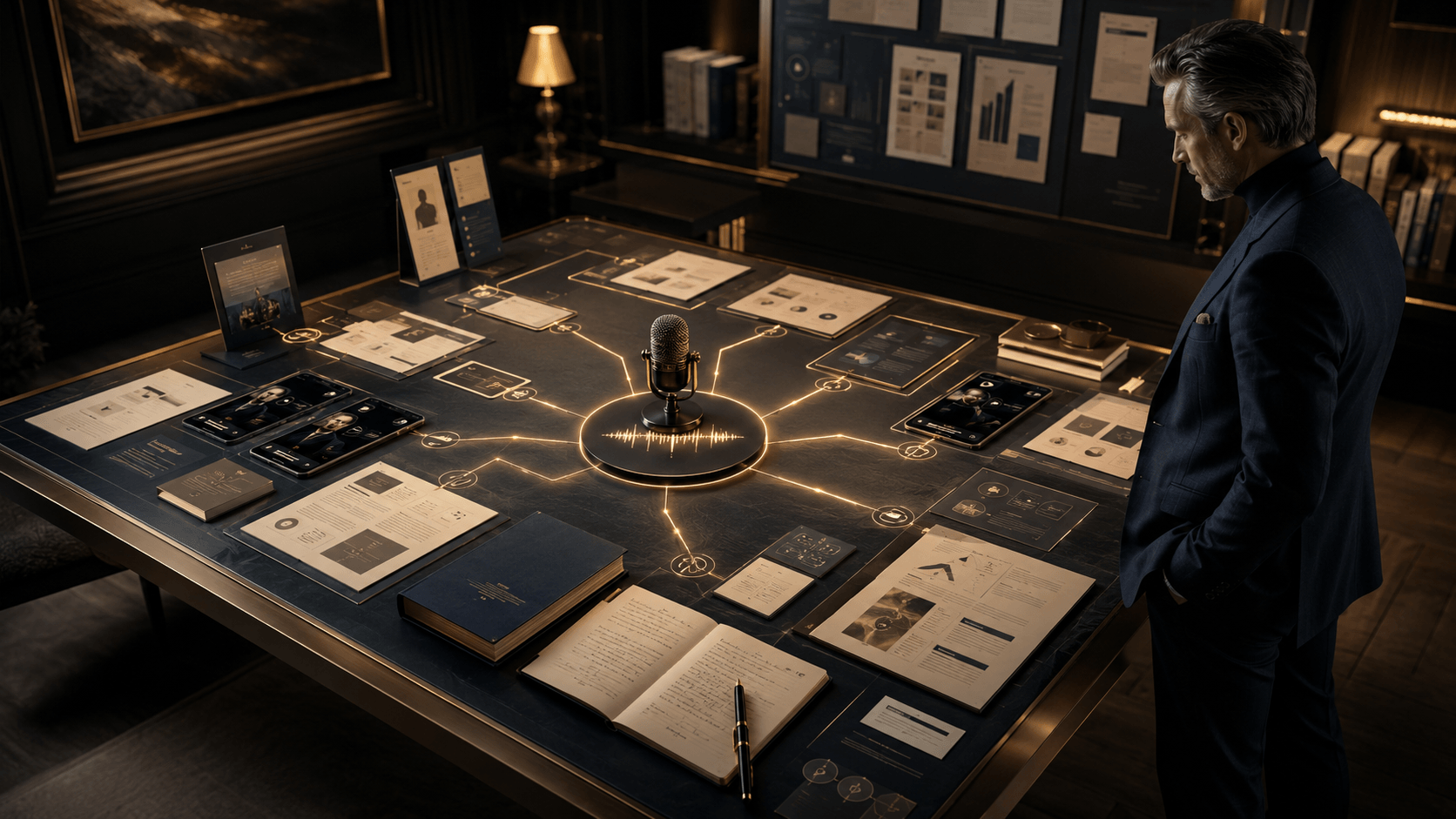 Luxury media command table scene showing a central podcast microphone and waveform, with glowing lines mapping one interview into multiple content assets across an illuminated strategy table while a serious expert studies the plan.
