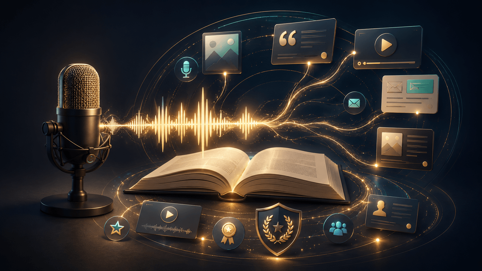 Studio style scene with a gold microphone beside an open book, where a glowing audio waveform flows outward and becomes floating content cards and credibility icons in a dark premium setting.