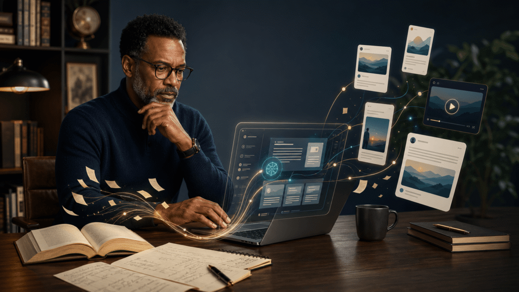 Experienced Black male author works at a modern desk with an open book and notes beside a laptop, while glowing lines show ideas flowing into the screen and turning into multiple content pieces like posts, video cards, and article style layouts.