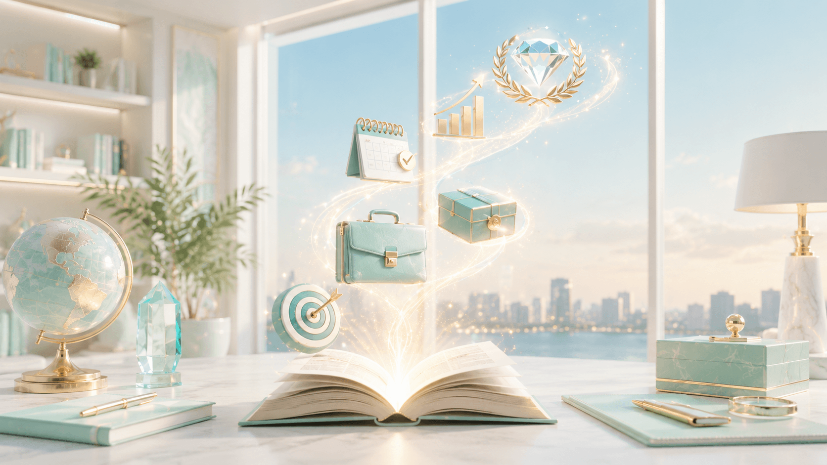 An open glowing book sits on a bright desk in a light airy office, with soft mint and sky blue business icons floating above it to represent planning, growth, premium offers, and client attraction.