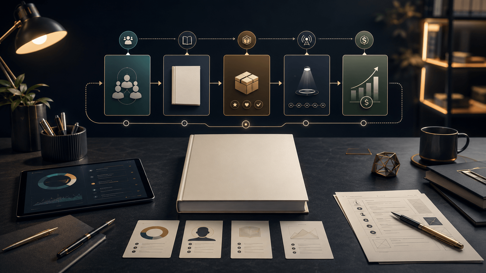 Modern dark workspace with a blank book mockup on a desk, surrounded by a clean positioning system of five connected strategy cards for audience, title, offer, launch, and monetization.