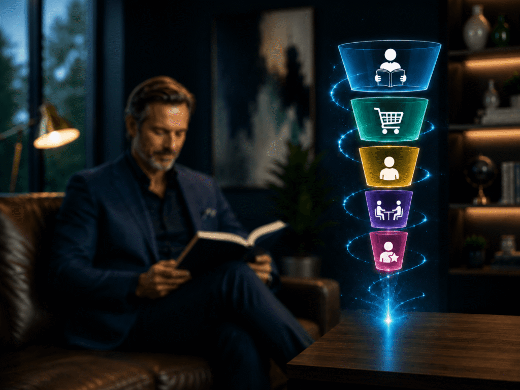 A blurred businessman sits on a leather couch reading a book in a modern office, while a sharp glowing digital sales funnel with reader, buyer, lead, strategy session, and client icons floats in the foreground.