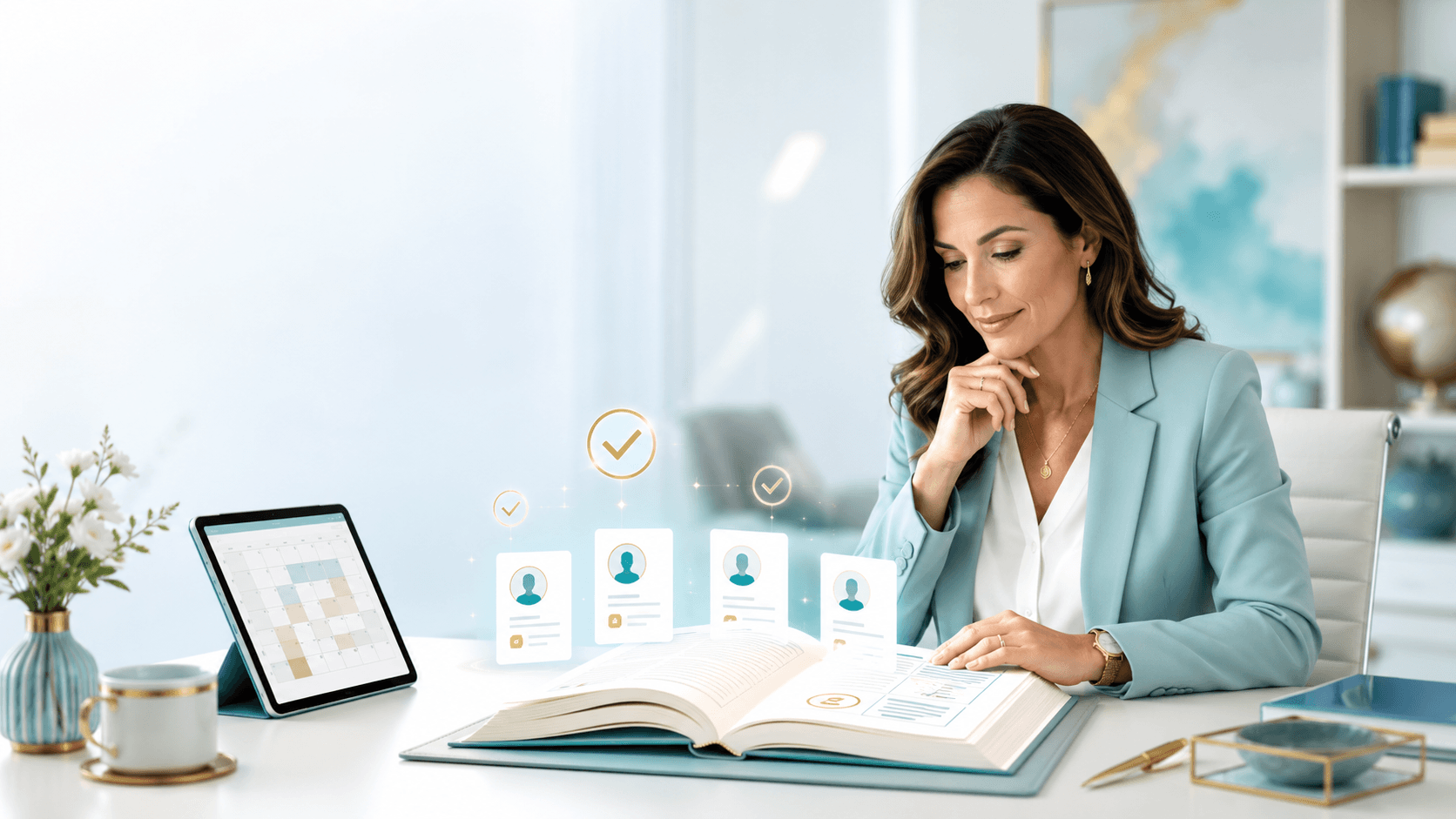 A business author reviews client profile cards and checkmark icons emerging from an open book, with a tablet calendar nearby to represent a book based client application and strategy session process.