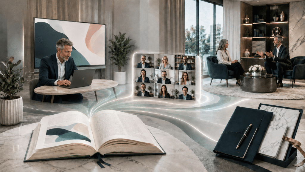 Professional man using a laptop to host a webinar from an open book, with virtual attendees and client meeting scenes showing how books can lead to high ticket service sales.
