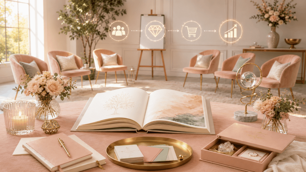 An open book sits on a soft blush pink table in a bright elegant event room, surrounded by floral accents, premium stationery, and glowing icons that represent audience building, premium offers, sales, and growth.