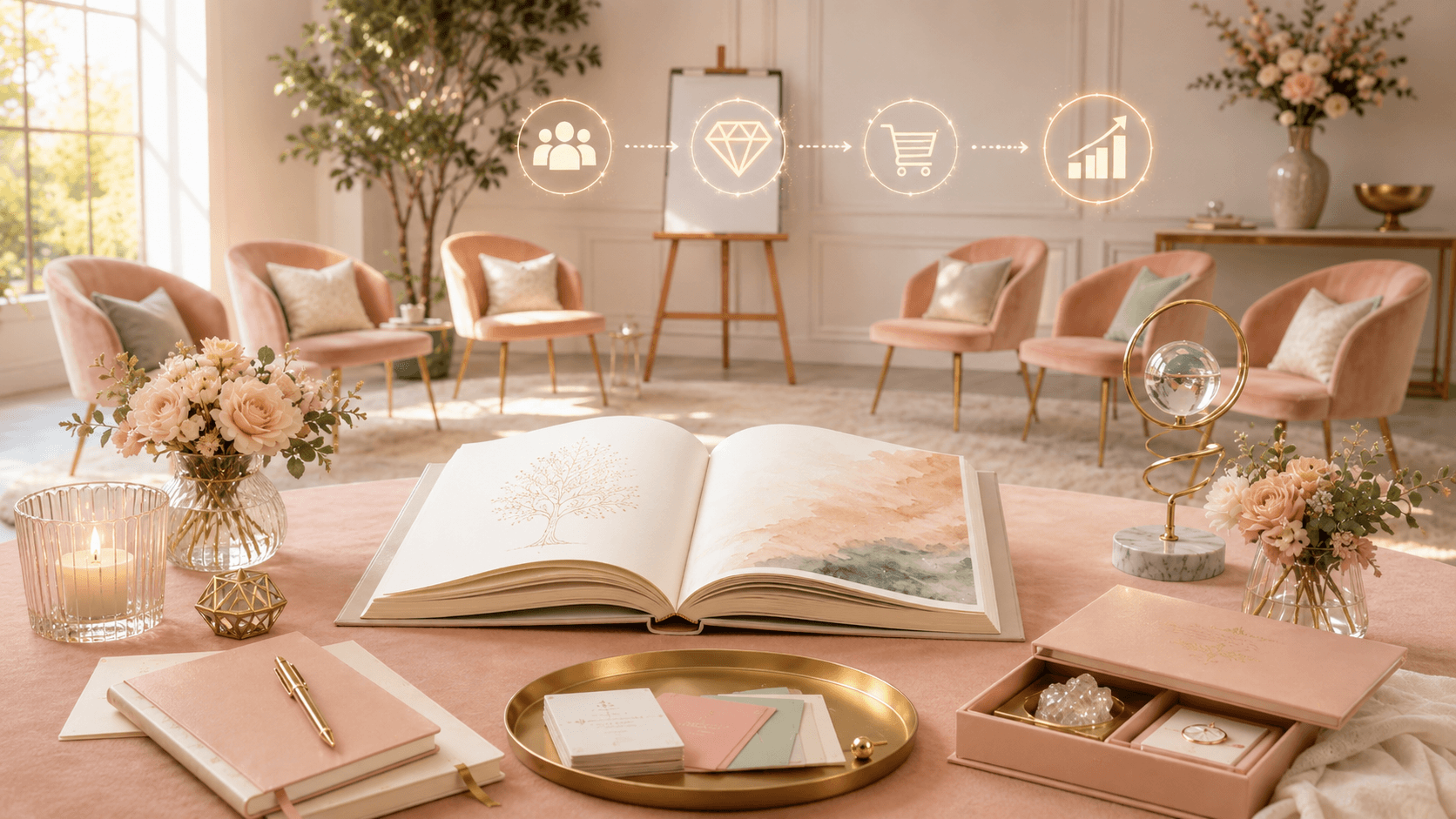 An open book sits on a soft blush pink table in a bright elegant event room, surrounded by floral accents, premium stationery, and glowing icons that represent audience building, premium offers, sales, and growth.