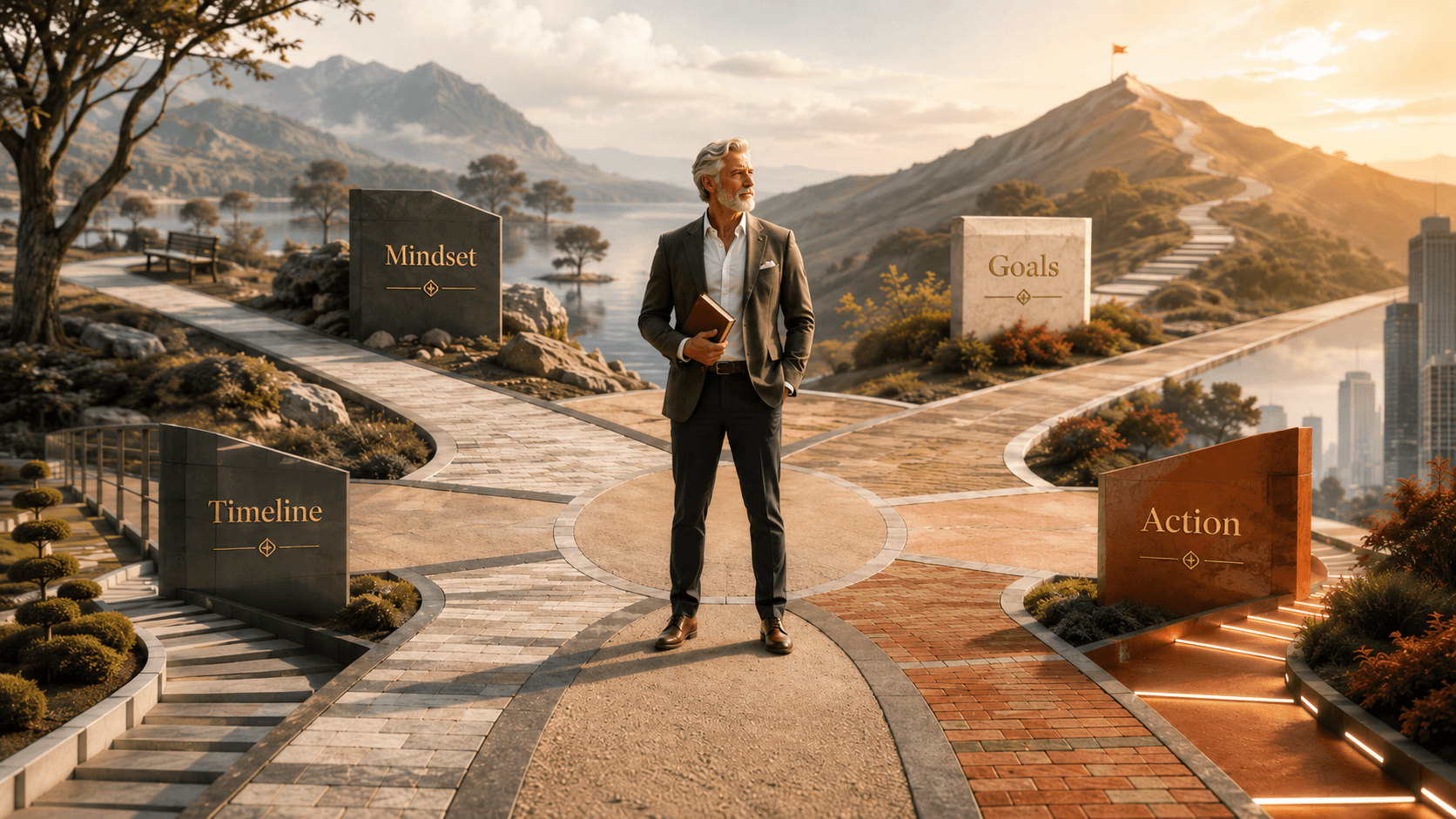 Confident 65 year old professional author standing at a scenic crossroads with signposts for Mindset, Goals, Timeline, and Action, symbolizing a clear strategic framework for success.