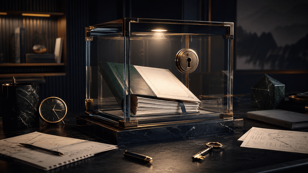 Elegant glass display case holding an unfinished business manuscript under a spotlight, surrounded by a key, clock, pen, and notes, symbolizing a valuable book idea that remains locked away and unpublished.