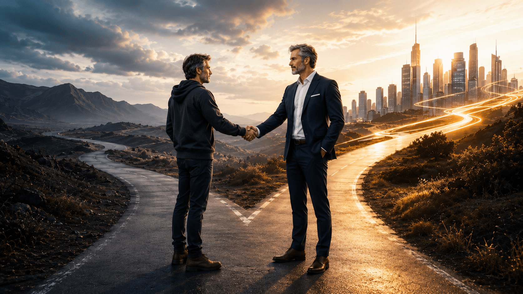 Two middle aged men shake hands at a crossroads, symbolizing personal growth, future vision, transformation, and the choice between struggle and success.
