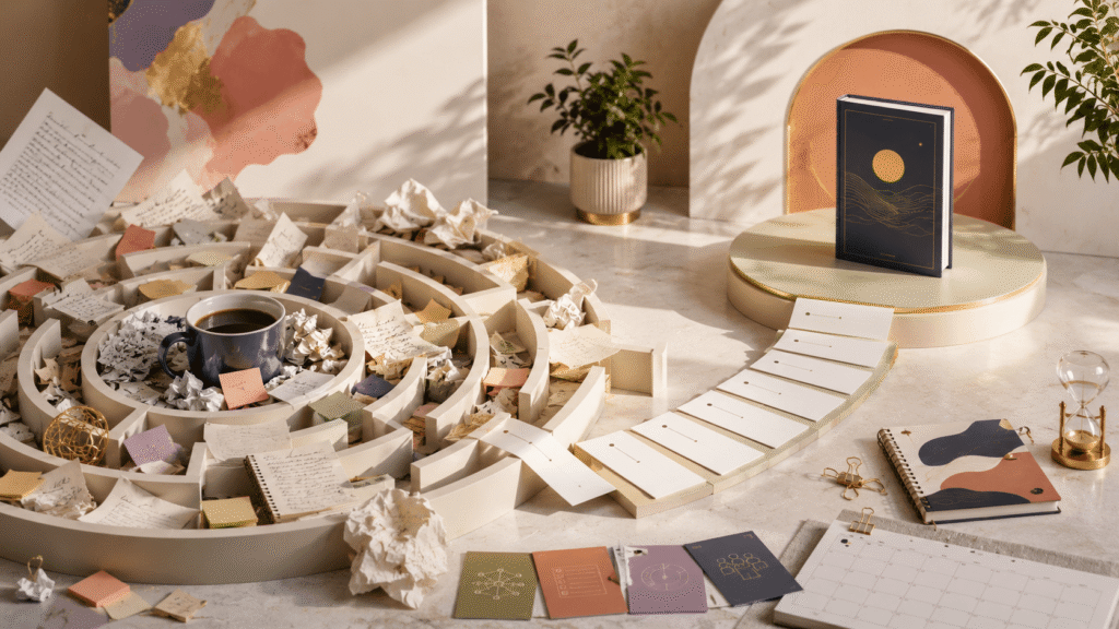 Conceptual workspace showing an unfinished manuscript as a maze filled with scattered notes, crumpled pages, and coffee, leading to a polished finished book that symbolizes turning overwhelm into a clear path to completion.