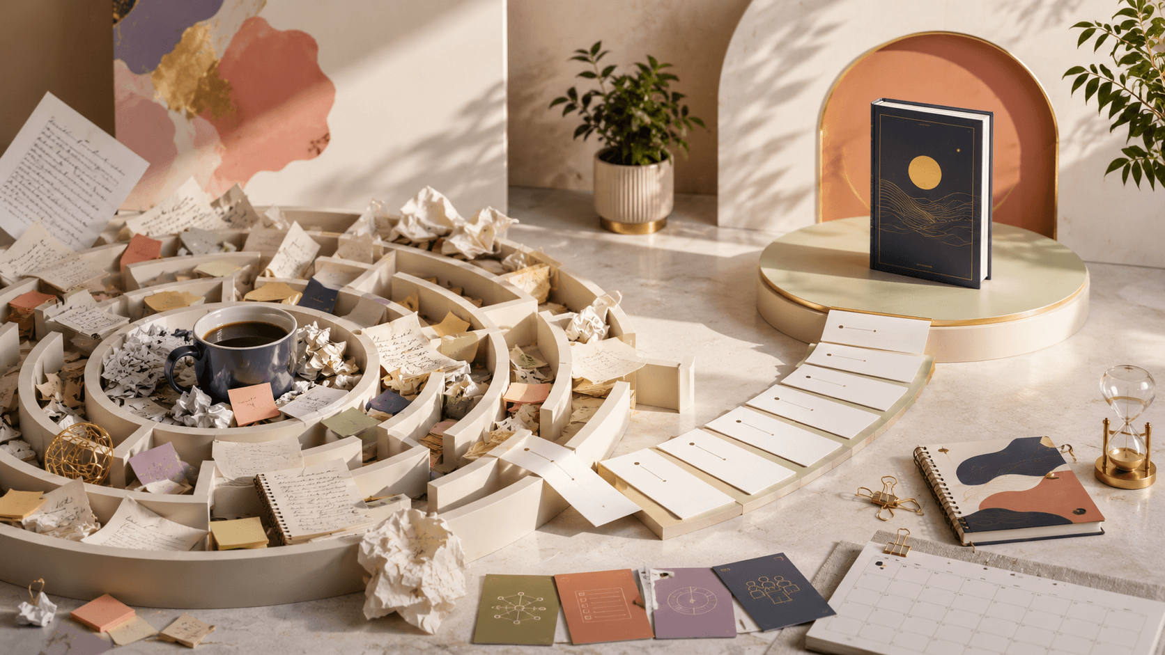 Conceptual workspace showing an unfinished manuscript as a maze filled with scattered notes, crumpled pages, and coffee, leading to a polished finished book that symbolizes turning overwhelm into a clear path to completion.