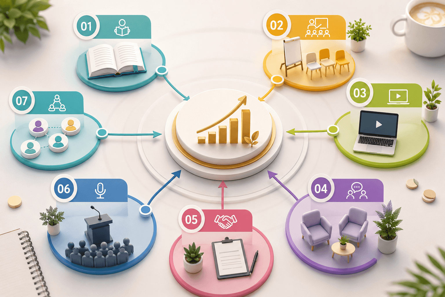 Colorful 3D offer ecosystem infographic showing books, workshops, courses, coaching, consulting, speaking, and referrals flowing toward revenue growth.