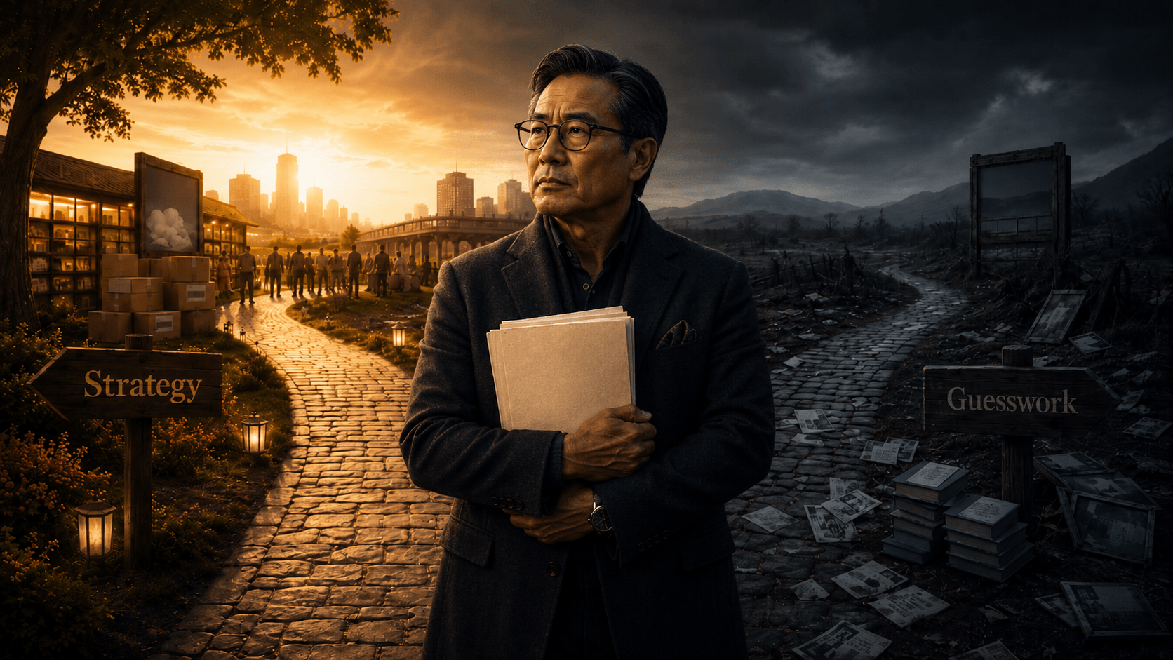 Asian male author stands at a crossroads holding a manuscript, with one path labeled Strategy leading toward warm light and momentum, and the other labeled Guesswork fading into a darker cluttered route.