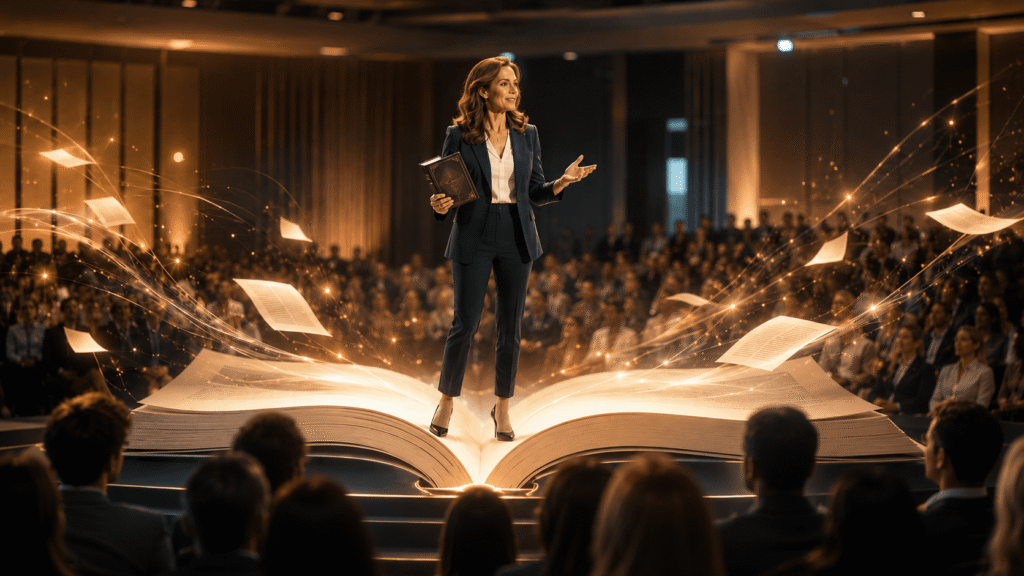 Confident 50 year old woman speaking on a glowing open book stage while holding a published book, with warm golden lights, floating pages, and a packed conference audience.