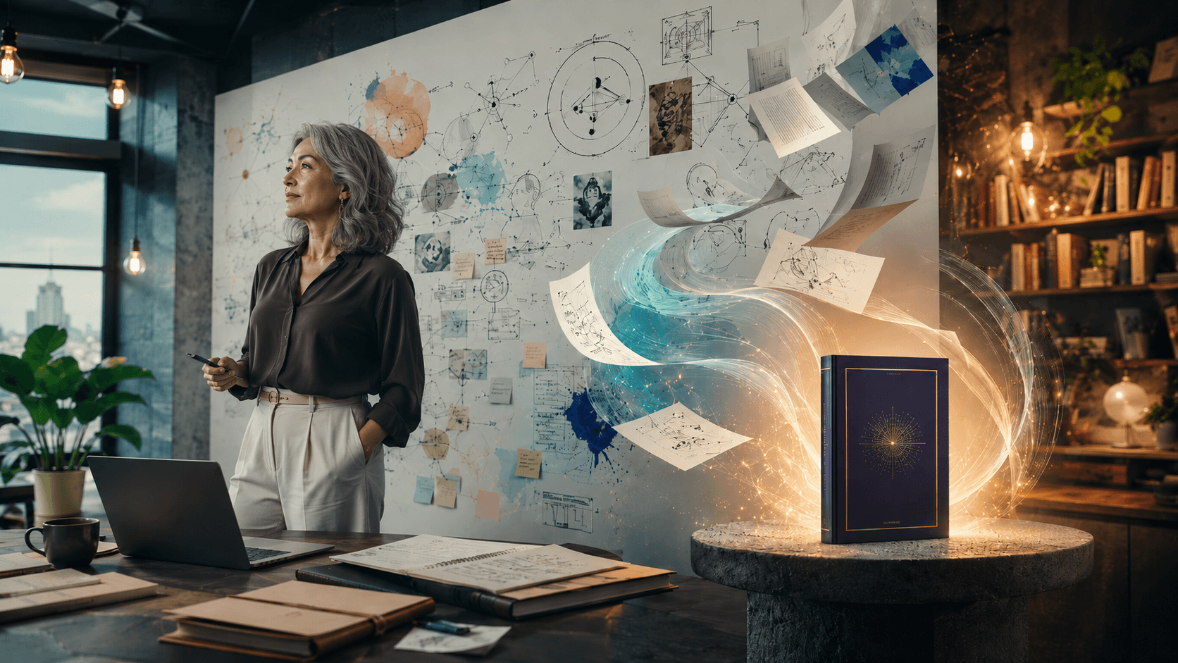 Confident 60 year old business expert standing beside a strategy filled whiteboard as ideas, diagrams, and papers transform into a polished published book.