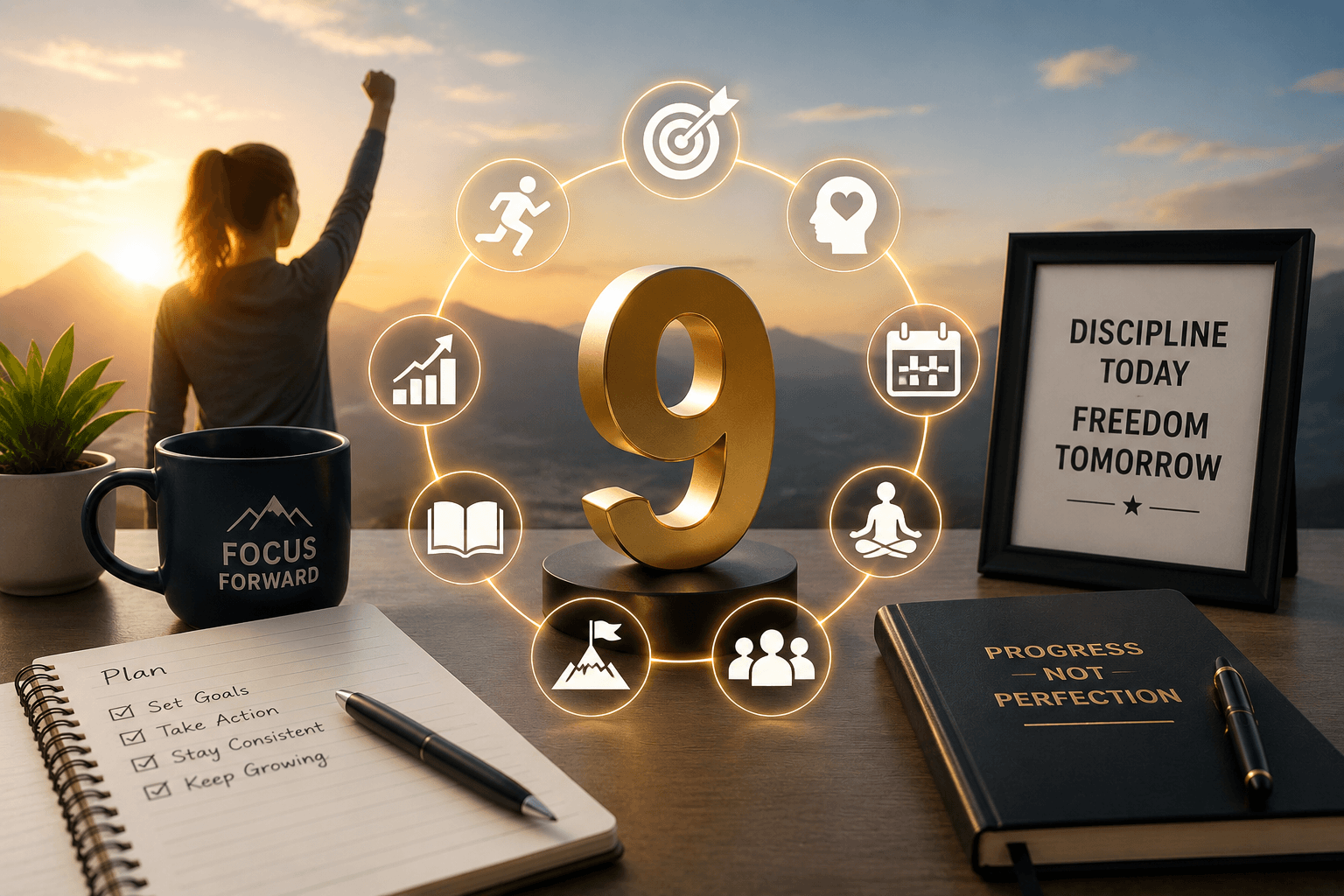 A motivational desk scene shows a glowing number 9 surrounded by goal, growth, wellness, consistency, and achievement icons, with a sunrise mountain background symbolizing lasting motivation strategies.