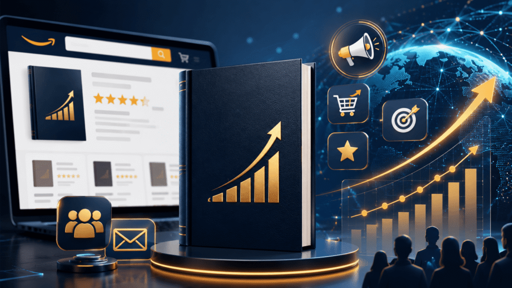 A futuristic Amazon book marketing graphic showing a book mockup beside an online listing screen, audience icons, email marketing, sales symbols, and growth charts to represent book promotion strategy for 2026 and beyond.