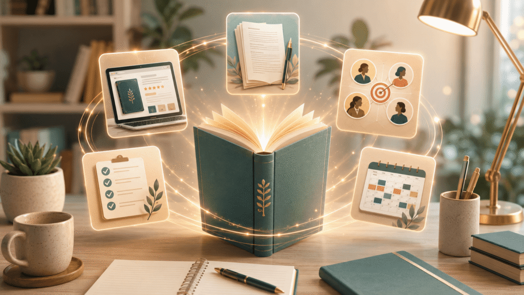 A clean desk scene features a glowing open book at the center, surrounded by visual cards showing a manuscript, Amazon listing mockup, niche audience targeting, relaunch checklist, and marketing calendar to represent a planned book strategy.