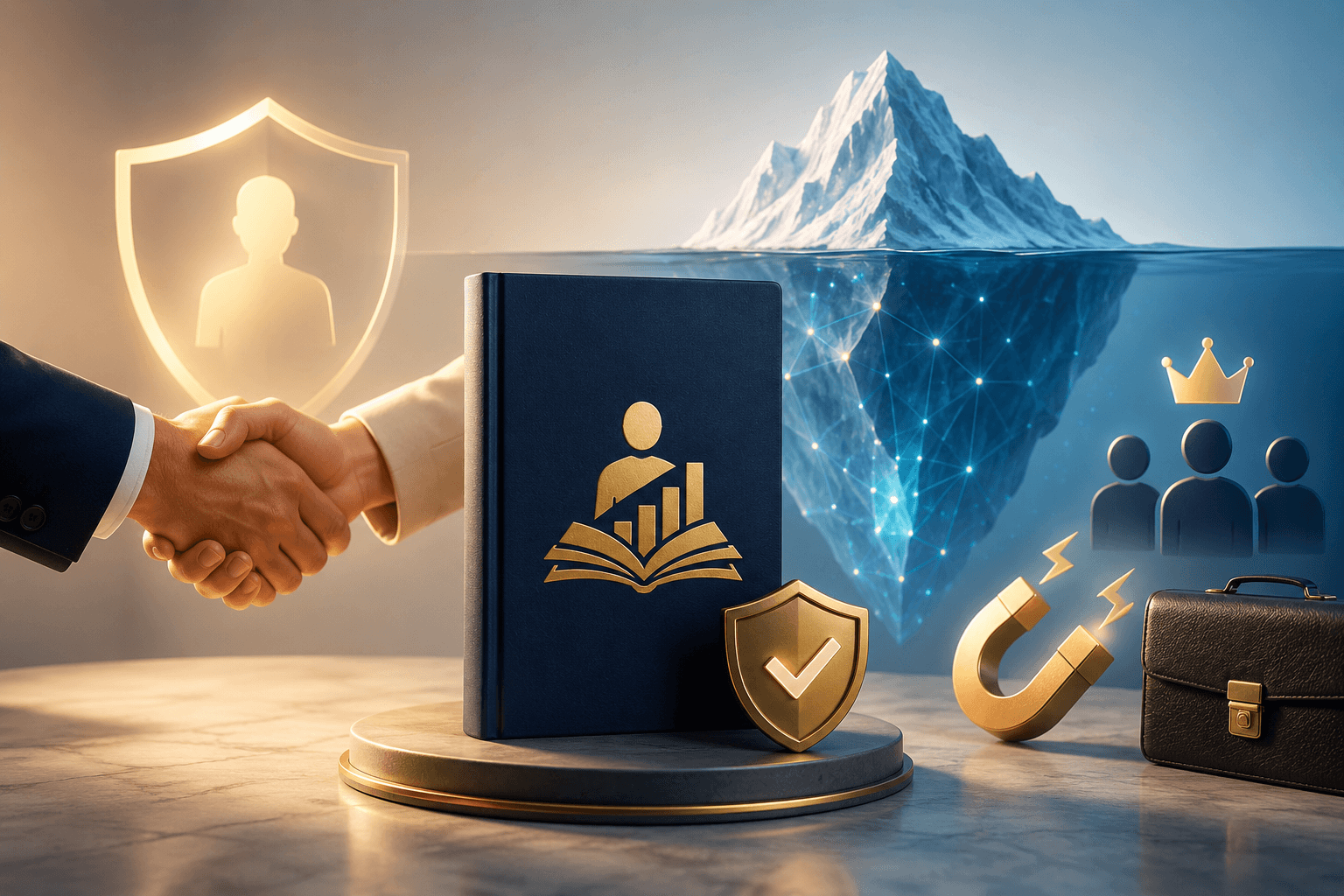A professional book sits beside trust, handshake, magnet, crown, and briefcase symbols, with a visible iceberg in the background representing hidden market potential and high ticket client attraction.