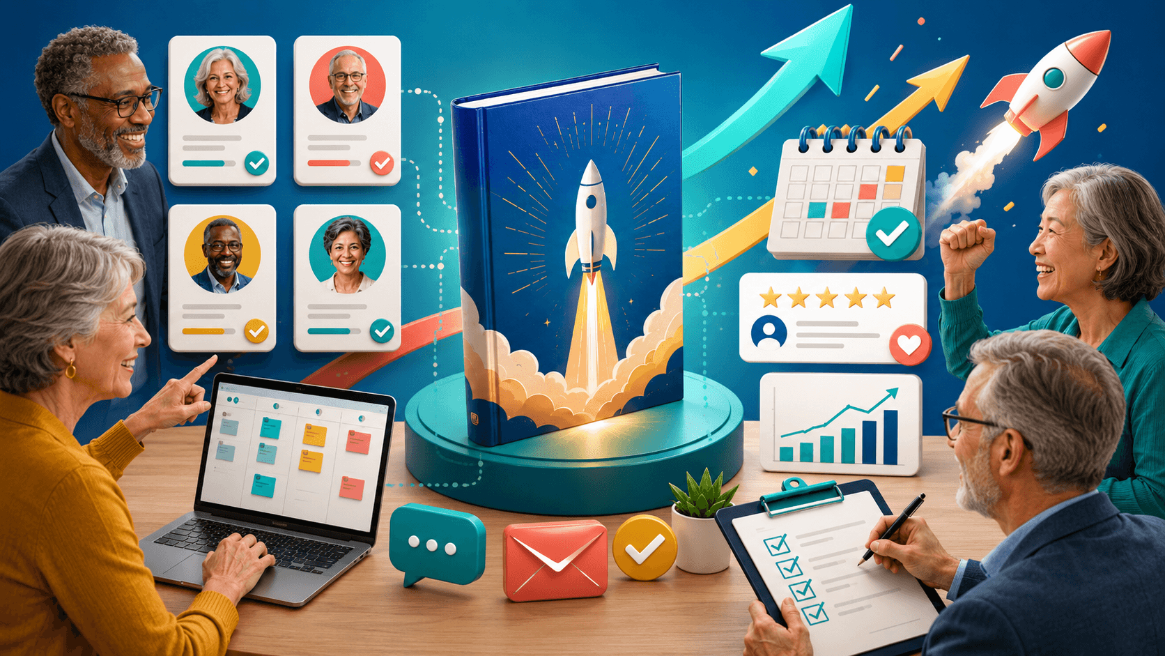 A group of adults work together around a book launch planning setup, with team profile cards, calendars, review icons, checklists, and growth graphics surrounding a central book with a rocket theme.