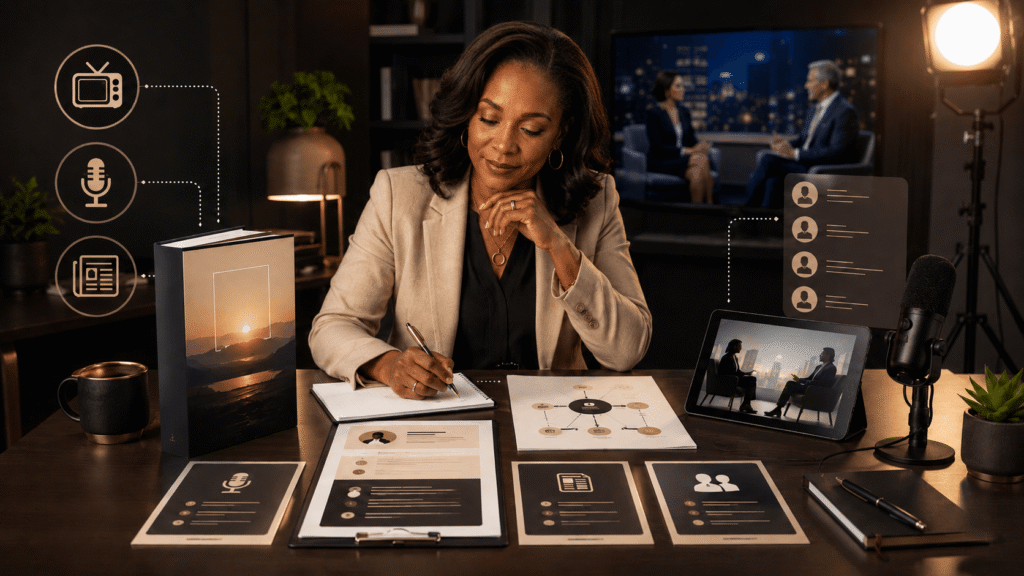 A 50 year old professional author prepares a media segment proposal from her book at a clean desk, with a book mockup, interview notes, podcast microphone, expert bio sheets, talking points, and producer contact details around her.