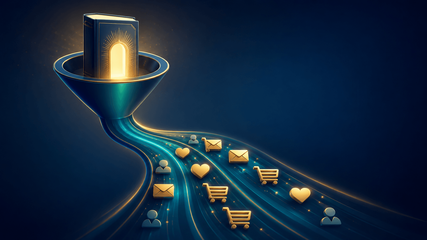 A glowing book sits inside a digital funnel, with streams of email, audience, cart, and engagement icons flowing toward it to represent traffic moving into a book funnel and offer.