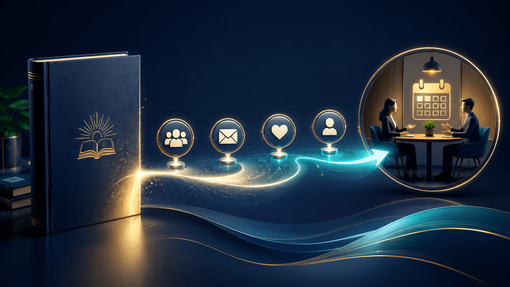 A book guides readers through audience, email, trust, and lead icons toward a scheduled strategy session, showing how a book can invite prospects into a business conversation.