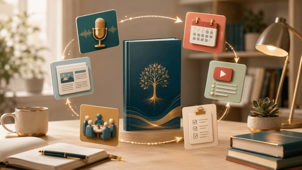 A modern desk scene features a central book surrounded by icons for podcasting, event planning, video content, media coverage, book club discussion, and a relaunch checklist, representing a long term strategy to keep a book visible and relevant after launch.