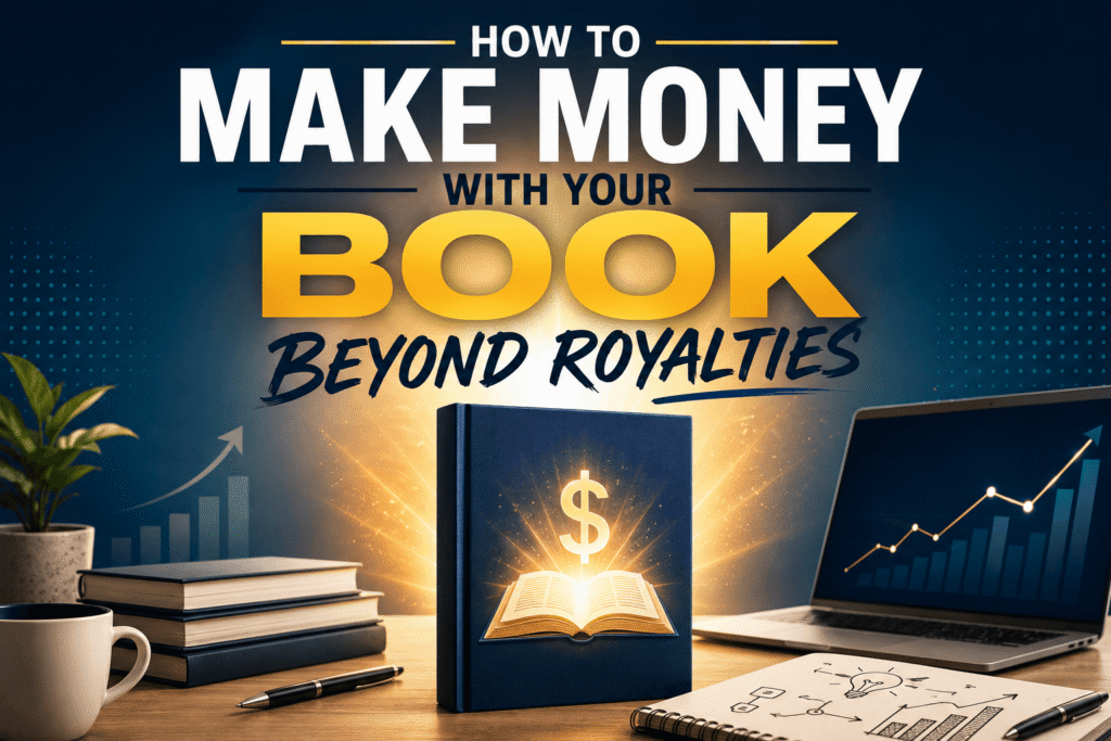 a book with a glowing money symbol, business growth charts, a laptop, and workspace elements to represent making money from a book beyond royalties.