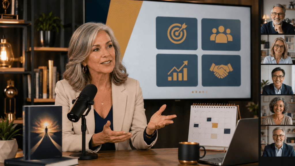 An author presents a business offer during a webinar, with a book, microphone, strategy session calendar, clean presentation slides, and older attendees shown on the screen.