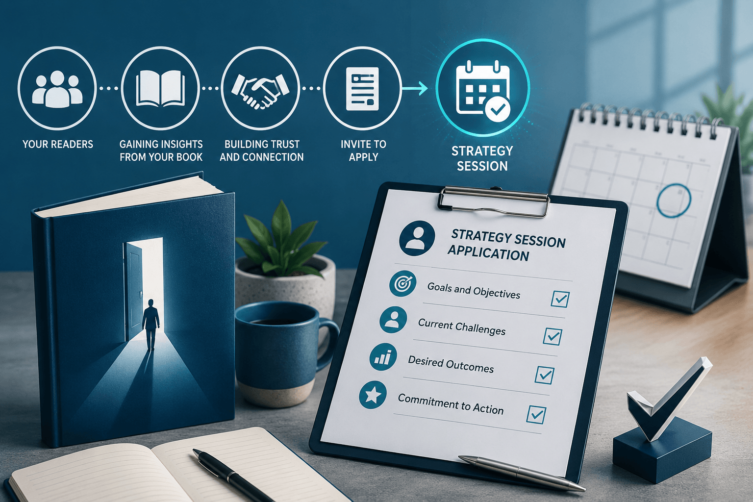 A professional strategy session application graphic showing a book guiding readers through trust, application, and calendar steps, with a clipboard checklist, checkmark icons, and planning materials on a clean desk.