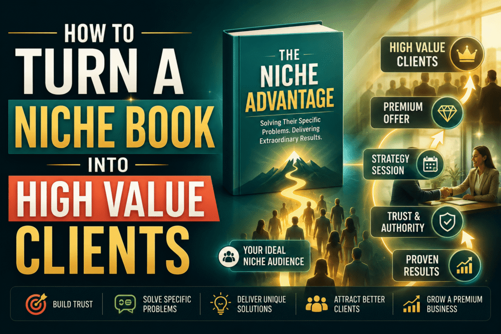 A bold infographic style graphic showing a niche book leading a targeted audience toward trust, strategy sessions, premium offers, and high value clients.