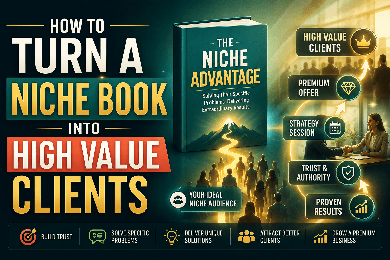 A bold infographic style graphic showing a niche book leading a targeted audience toward trust, strategy sessions, premium offers, and high value clients.