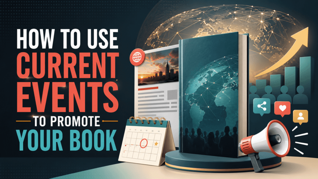 A bold promotional graphic shows a book connected to current news, a world map, calendar, megaphone, audience icons, and growth charts to represent using current events to promote a book.