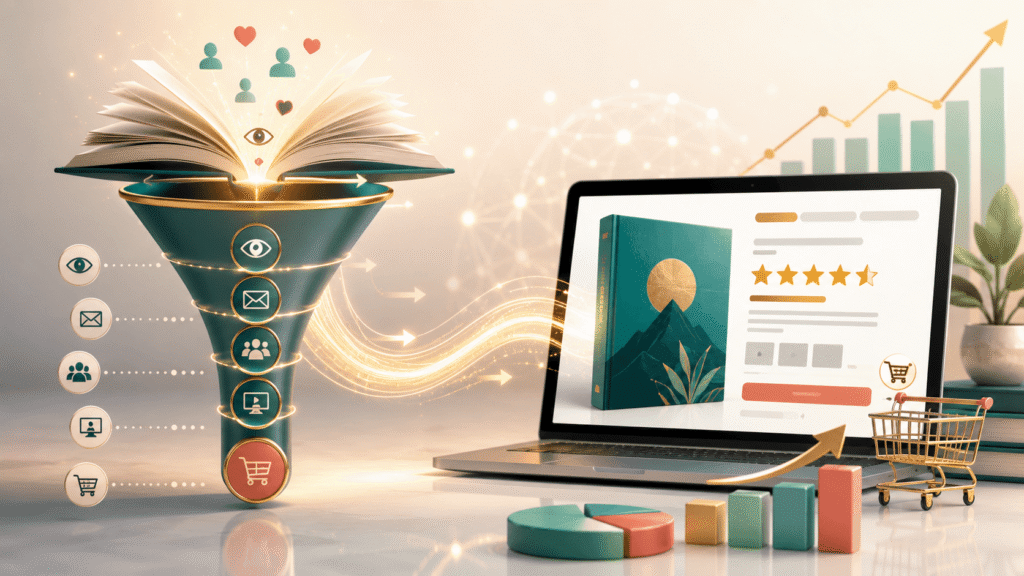 An open book flows into a digital funnel that connects to an online book listing, with icons for visibility, email, audience, and sales to show how a book funnel and Amazon can work together.