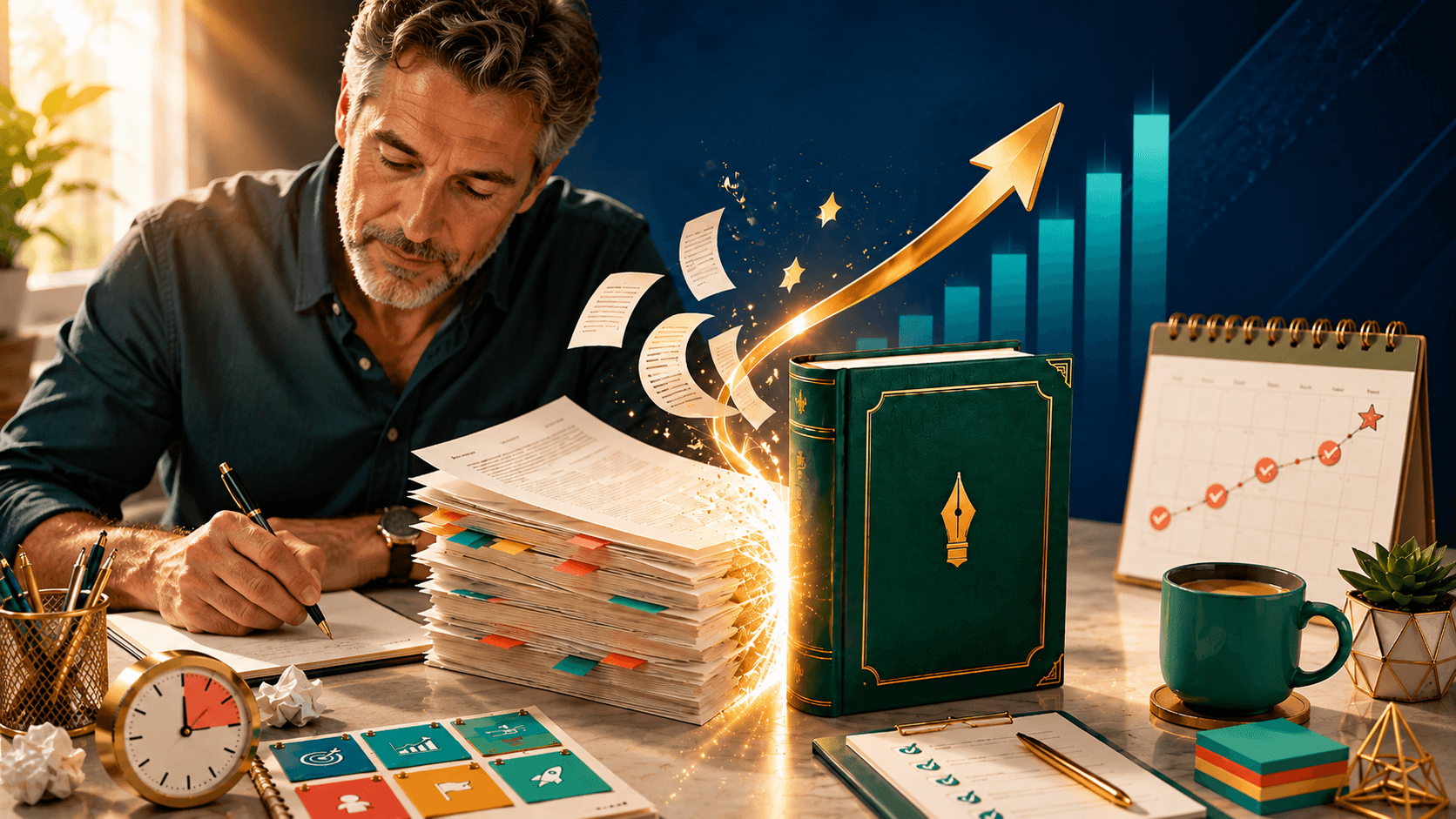 A focused 50 year old author writes at a desk beside a stack of manuscript pages transforming into a finished book, with a rising arrow, progress chart, checklist, and calendar symbolizing productivity and finishing a book.