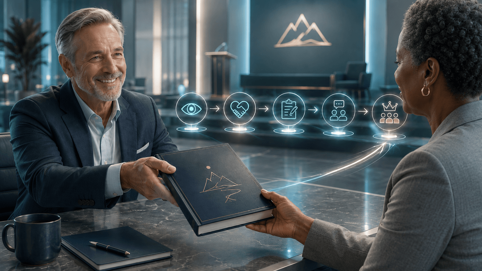 A 60 year old business professional hands a symbolic book to a Black woman across a conference table, with glowing icons in the background representing trust, lead capture, strategy conversations, and premium client growth.